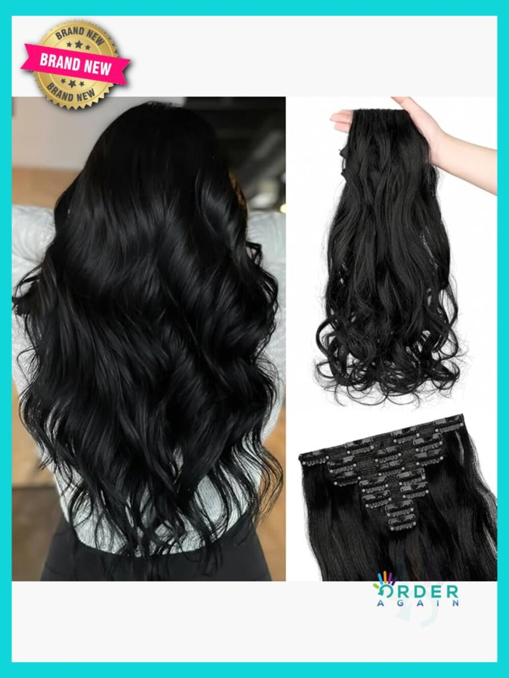 22 Inch Curly Clip In Hair Extensions 6 Pcs Dark Black Long Wavy Hairpiece